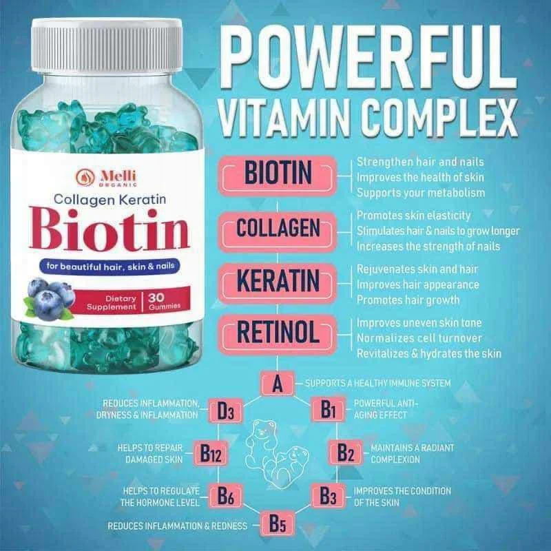 4584357926 Melli Organic Collagen Keratin Biotin for Beautiful Hair, Skin & Nails 60 Gummies - Image 1