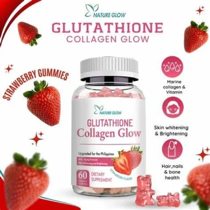 Front view of Nature Glow Glutathione Collagen Glow Strawberry Gummies bottle by chengbeautyuae, highlighting skin brightening and anti-aging benefits.