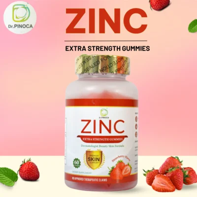Bottle of Dr. Pinoca Zinc Extra Strength Gummies for immune support and acne clearance, displayed on a clean background.