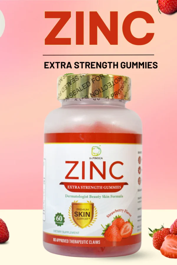 Bottle of Dr. Pinoca Zinc Extra Strength Gummies for immune support and acne clearance, displayed on a clean background.