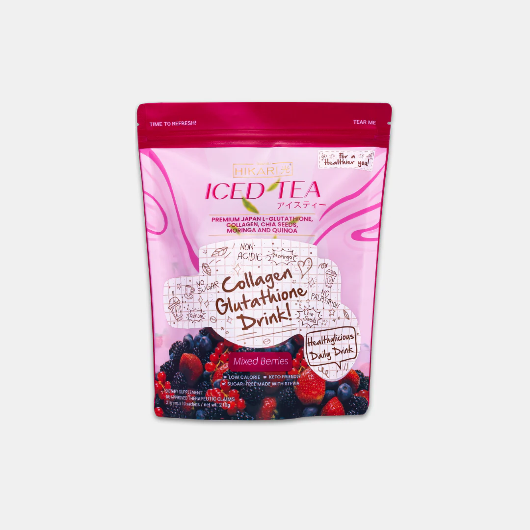 Hikari Iced Tea Mixed Berries by Beauty & U 10 sachets box on a clean aesthetic background from chengbeautyuae.