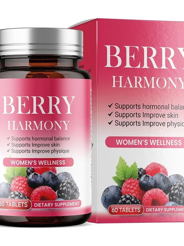 Elicare Berry Harmony Women's Wellness dietary supplement bottle and packaging box displaying berry illustrations.